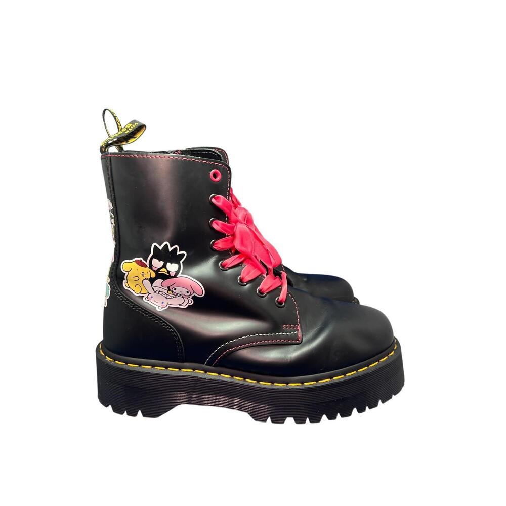 Dr. Martens Black Leather Platform Ankle Boots with Pink Laces & Cartoon Patch